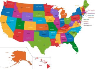 Časová pásma USA Mapa USA se státy a hlavními městy | volina/123RF.com